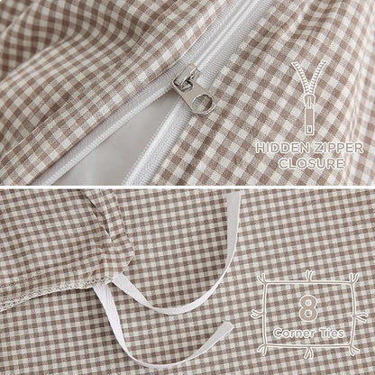 TOCOMOA Mini Gingham Tan Duvet Cover Bedding Set 100% Washed Cotton Like Linen Feel Super Soft Comfy 3 Piece Brown Small Plaid Checkered Fall Comforter Cover Set (Full 80"x90", Comforter Not Included)