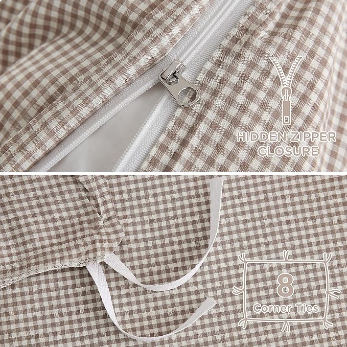 TOCOMOA Mini Gingham Tan Duvet Cover Bedding Set 100% Washed Cotton Like Linen Feel Super Soft Comfy 3 Piece Brown Small Plaid Checkered Comforter Cover Set (Queen 90"x90", Comforter Not Included)