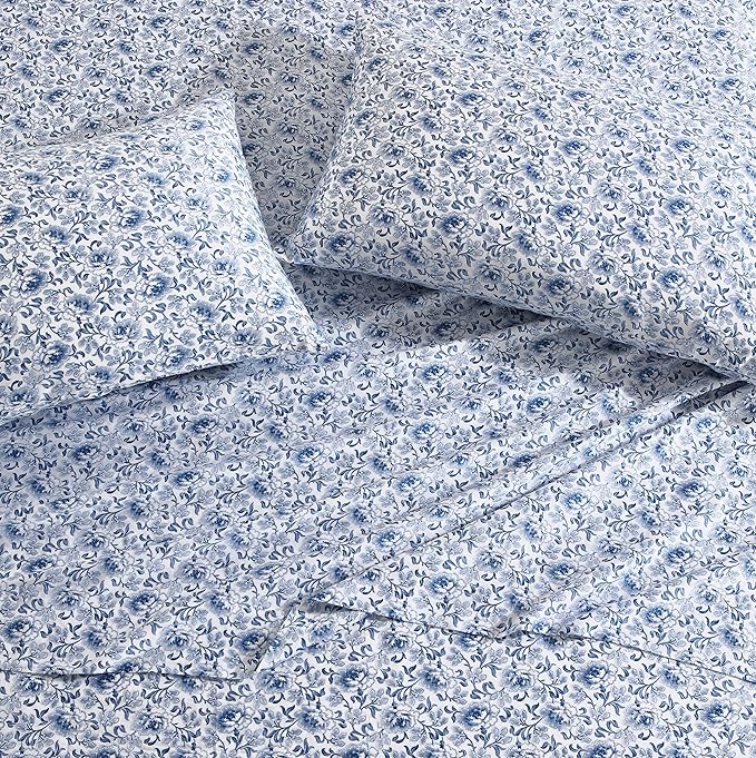 Laura Ashley Home - Standard Pillowcase Set, Cotton Sateen Bedding, Smooth & Wrinkle-Resistant (Lorelei Dark Blue, 2 Piece)