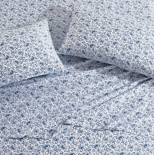 Laura Ashley Home - Standard Pillowcase Set, Cotton Sateen Bedding, Smooth & Wrinkle-Resistant (Lorelei Dark Blue, 2 Piece)
