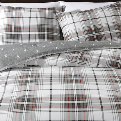 Eddie Bauer - King Comforter Set, Reversible Cotton Bedding with Matching Shams, Plaid Home Decor (Alder Red/Grey, King)