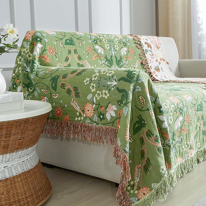 Boho Throw Blanket for Bed 90”x98”, 100% Cotton Woven Blanket for Couch Sofa, Ultra Soft 4-Layer Muslin Quilt with Floral Printed, Farmhouse Bed Blanket/Cover for Living Room Decor