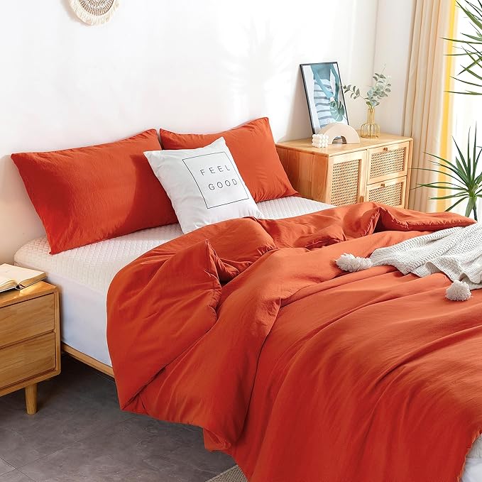 COTTEBED Orange Queen Comforter Sets Clearance Prime, Soft Washed Cotton Lightweight All Season Full Sized Bedding Down Alternative Conforters Pillowshams Men Women(Pumpkin Bright Orange,Queen/Full)