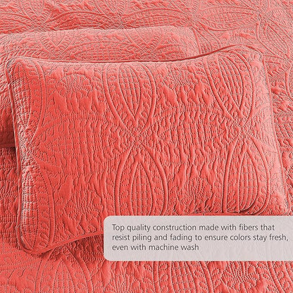 Quilt Set King/Cal King/California King Size Coral - Oversized Bedspread - Soft Microfiber Lightweight Coverlet for All Season - 3 Piece Includes 1 Quilt and 2 Shams, Geometric Pattern