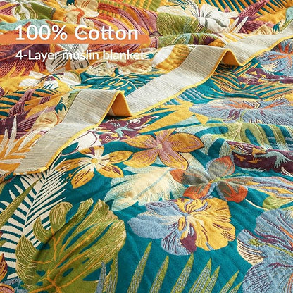 Boho Throw Blanket for Bed 90”x98”, 100% Cotton Woven Blanket for Couch Sofa, Ultra Soft 4-Layer Muslin Quilt with Floral Printed, Farmhouse Bed Blanket/Cover for Living Room Decor