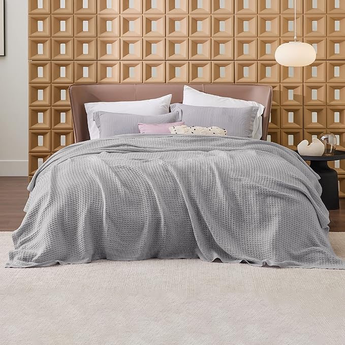 Bedsure Gentlesoft 100% Cotton Blanket King Size for Bed - Cooling Breathable and Soft for Spring Summer, Thick Cozy Waffle Weave Blanket Gifts for Women, Grey, 104x90 inches