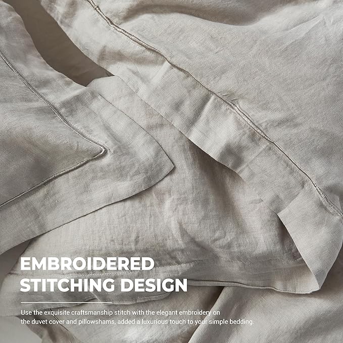 Simple&Opulence 100% Washed Linen Duvet Cover with Embroidered, 2 Pieces Soft Farmhouse Comforter Set with Button Closure,1 Duvet Cover and 1 Pillowsham(Twin,Light Grey)