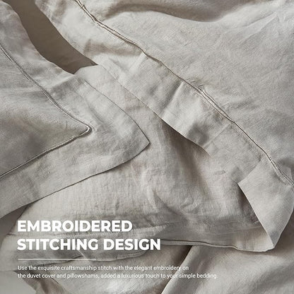 Simple&Opulence 100% Washed Linen Duvet Cover with Embroidered,3 Pieces Soft Farmhouse Comforter Set with Button Closure,1 Duvet Cover and 2 Pillowshams(Queen,Light Grey)