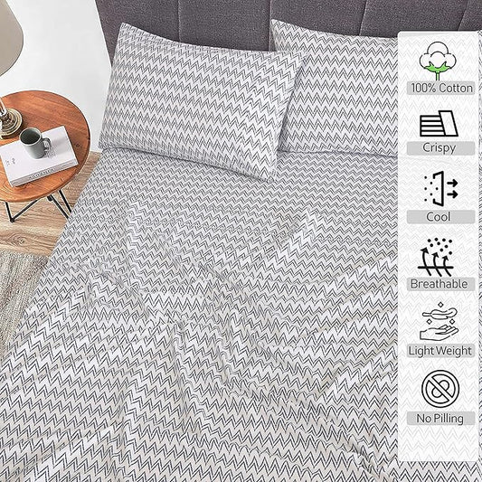 RUVANTI 100% Cotton Sheets – Full Size Percale Bedding, Cooling & Breathable Floral Design, Durable with a Crisp, Soft & Comfortable Feel, 16" Deep Pocket, 4-Piece Set, Chevron