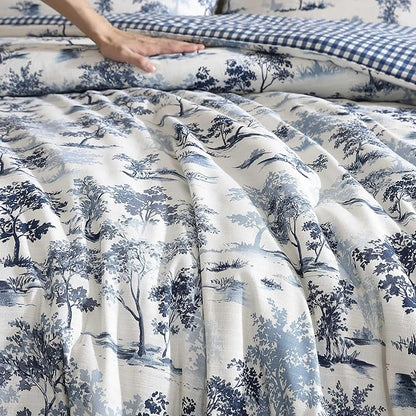 Eddie Bauer - Full/Queen Comforter Set, Super Soft Reversible Bedding with Matching Shams, Buffalo Check Reverse, Rustic Inspired Room Essentials (Vintage Forest Toile Blue, Full/Queen)