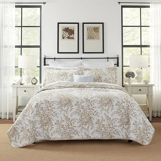 Laura Ashley - Queen Quilt Set, Reversible Cotton Bedding with Matching Shams, Home Decor for All Seasons (Bedford Mocha, Queen)