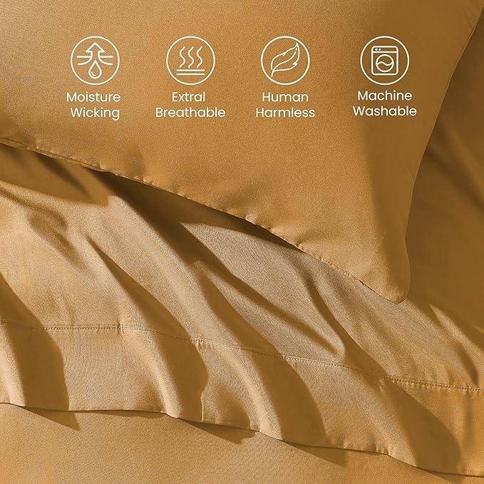 SLEEP ZONE Nanotex Super Soft Cooling Queen Bed Sheets Set 4 Piece - Easy Care Fitted Flat Sheet & Pillowcase Sets - Wrinkle Free, Fade Resistant, Deep Pocket 16" (Dull Yellow, Queen)