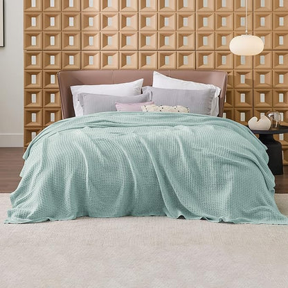 Bedsure Gentlesoft 100% Cotton Blanket King Size for Bed - Cooling Breathable and Soft for Spring Summer, Thick Cozy Waffle Weave Blanket Gifts for Women, Mint, 104x90 inches