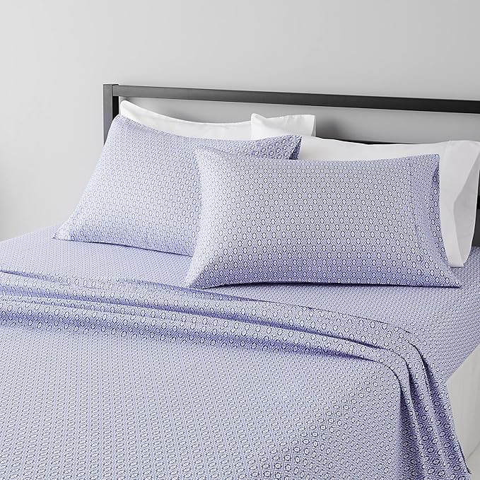 Amazon Basics Breathable Lightweight Super Soft Brushed Microfiber 4-Piece Bed Sheet Set, Wrinkle Resistant With 14" Deep Pockets, Queen, Blue Damask, Printed