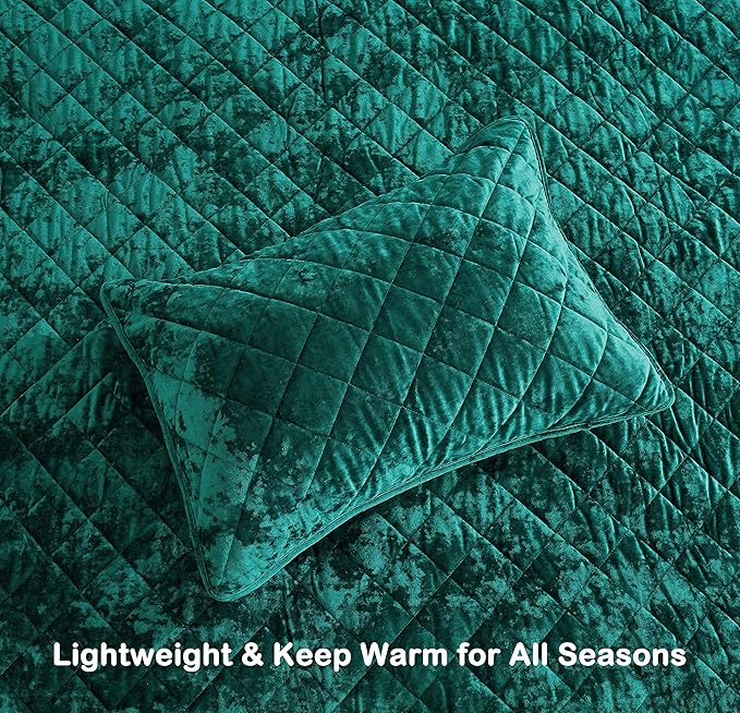 Chezmoi Collection Lux Emerald Green Velvet Quilt King Set, 3-Piece Lush Plush Distressed Velvet Bedding All Season Lightweight Comforter Brushed Microfiber Reverse with Diamond Stitch Quilting