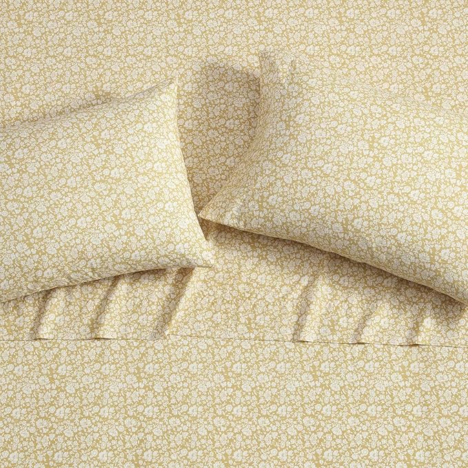 Laura Ashley - Twin Sheets, Cotton Percale Bedding Set, Lightweight & Breathable Home Decor, Oeko-Tex Certified (Heirloom Ditzy Gold, Twin)