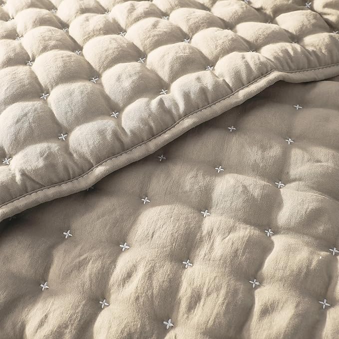 WDCOZY Beige Queen Size Quilt Bedding Sets with Pillow Shams, Cream Tan Lightweight Soft Bedspread Coverlet, Quilted Blanket Thin Comforter Bed Cover for All Season, 3 Pieces, 90x90 inches