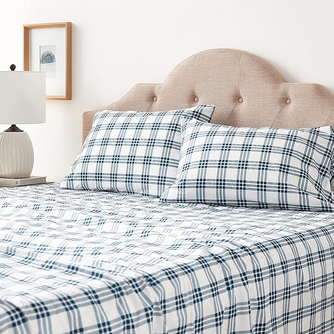Eddie Bauer - Full Sheets, Cotton Percale Bedding Set, Crisp & Cool Home Decor, Dorm Room Essentials (Navy Plaid, Full)