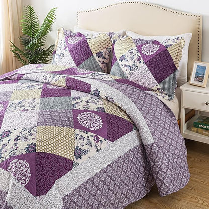 HoneiLife King Size Quilt Sets - 3 Pieces Microfiber Quilt Set Lightweight Bedspreads Reversible Coverlets Rustic Bed Cover King Quilt Bedding Set All Season Quilts-Beige & Purple