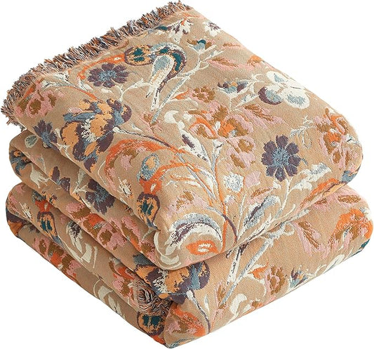 Boho Throw Blanket for Bed 90”x98”, 100% Cotton Woven Blanket for Couch Sofa, Ultra Soft 4-Layer Muslin Quilt with Floral Printed, Farmhouse Bed Blanket/Cover for Living Room Decor
