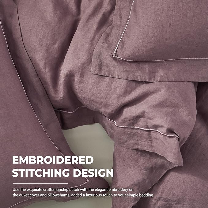 Simple&Opulence 100% Washed Linen Duvet Cover with Embroidered, 2 Pieces Soft Farmhouse Comforter Set with Button Closure,1 Duvet Cover and 1 Pillowsham(Twin,Purple)