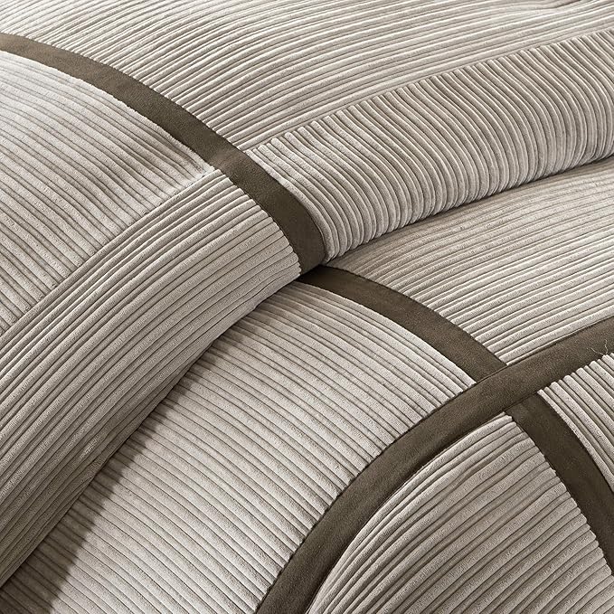 Madison Park Cozy Comforter Set Casual Blocks Design All Season, Matching Bed Skirt, Decorative Pillows, Cal King(104"x92"), Dallas Corduroy, Taupe Brown, 7 Piece