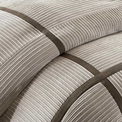 Madison Park Cozy Comforter Set Casual Blocks Design All Season, Matching Bed Skirt, Decorative Pillows, Queen(90"x90"), Dallas Corduroy, Taupe Brown, 7 Piece
