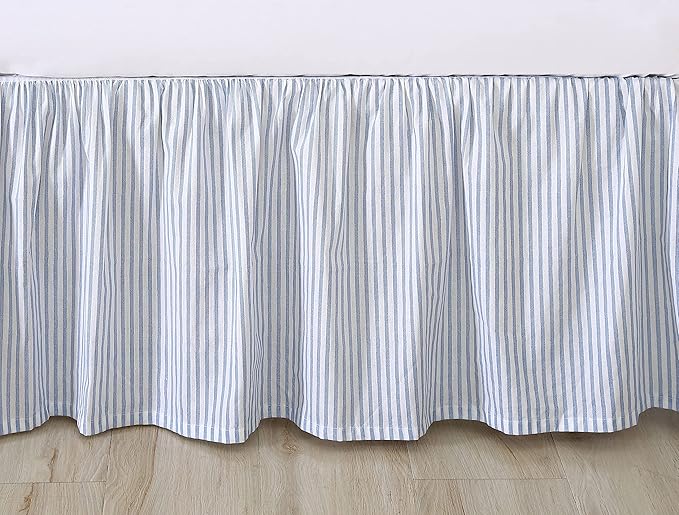 Laura Ashley - Queen Size Bedskirt, Soft Cotton Ruffled Bedding for Year Round Use, Striped Bedding with 14.5" Drop (Ticking Stripe Blue)