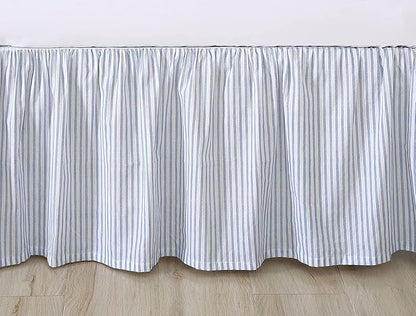 Laura Ashley - Queen Size Bedskirt, Soft Cotton Ruffled Bedding for Year Round Use, Striped Bedding with 14.5" Drop (Ticking Stripe Blue)