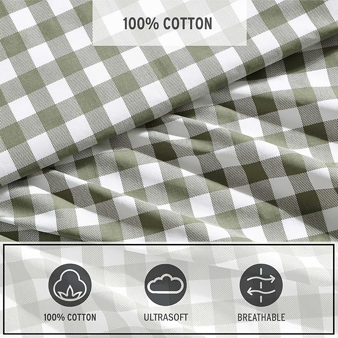 Eddie Bauer - Full Sheet Set, Crisp & Cooling Sheets w/a Naturally Smooth Cotton Percale Lightweight Feel - Matching Pillowcases & Deep Pocket Fitted Sheet (Preston Check Green)