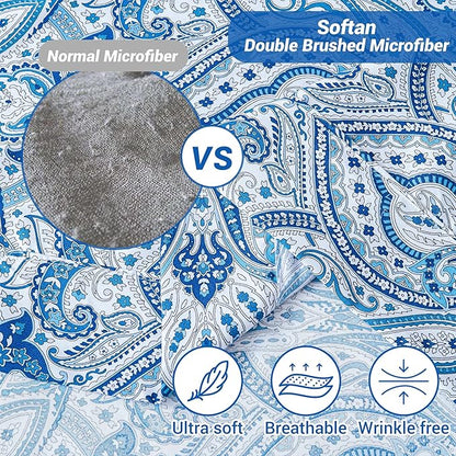 Softan Blue Paisley Printed Queen Size Sheet Set, Blue Floral Sheets Queen, Cozy Microfiber Fitted Sheet with 15" Deep Pocket & Non-Slip Straps, Flower Patterned Sheets & Pillowcase Sets
