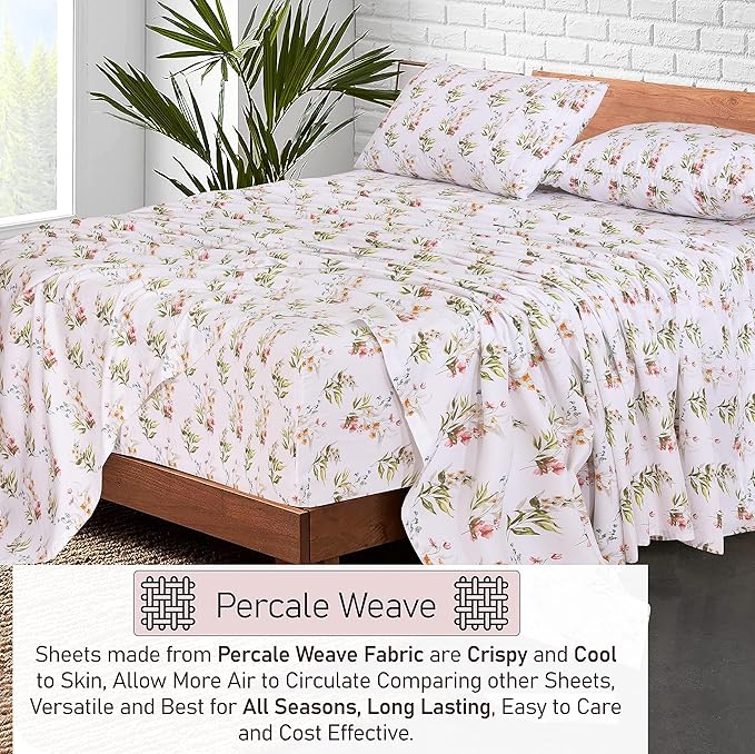 RUVANTI 100% Cotton Sheets – Twin XL Size Percale Bedding, Cooling & Breathable Floral Design, Durable with a Crisp, Soft & Comfortable Feel, 16" Deep Pocket, 3-Piece Set, Floral Bliss