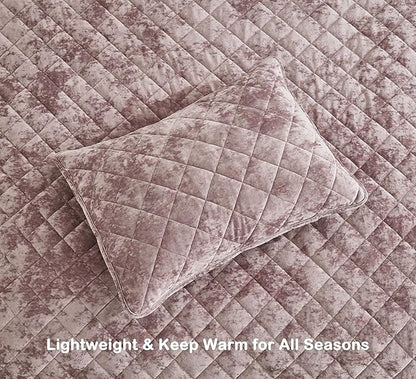 Chezmoi Collection Lux Dusty Pink Velvet Quilt Oversized King Set, 3-Piece Plush Distressed Velvet Bedding All Season Lightweight Comforter Brushed Microfiber Reverse with Diamond Stitch Quilting