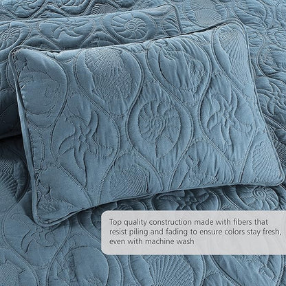 Pure Bedding Quilt Set King/Cal King/California King Size Ash Blue - Oversized Bedspread - Microfiber Coverlet - Includes 1 Quilt and 2 Shams, Ocean Star Pattern