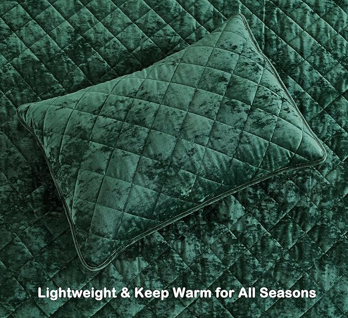 Chezmoi Collection Lux Forest Green Velvet Quilt Oversized King Set, 3-Piece Plush Distressed Velvet Bedding All Season Lightweight Comforter Brushed Microfiber Reverse with Diamond Stitch Quilting