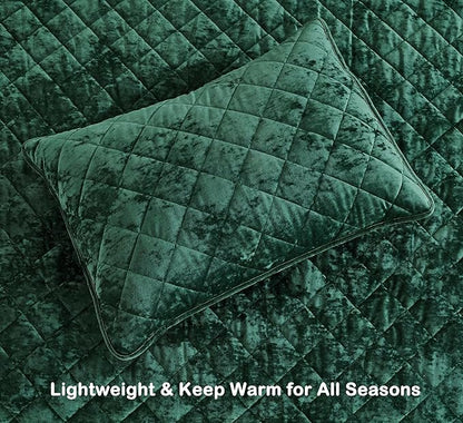 Chezmoi Collection Lux Forest Green Velvet Quilt King Set, 3-Piece Plush Distressed Velvet Bedding All Season Lightweight Comforter Brushed Microfiber Reverse with Diamond Stitch Quilting