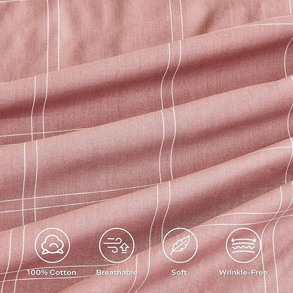 JELLYMONI 100% Natural Cotton Twin Duvet Cover Set, 2pcs Plaid Duvet Cover Sets with Zipper Closure, Grid Geometric Pattern Comforter Cover, Pink