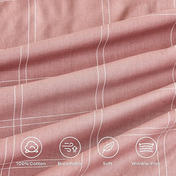 JELLYMONI 100% Natural Cotton Full Duvet Cover Set, 3pcs Plaid Duvet Cover Sets with Zipper Closure, Grid Geometric Pattern Comforter Cover, Pink