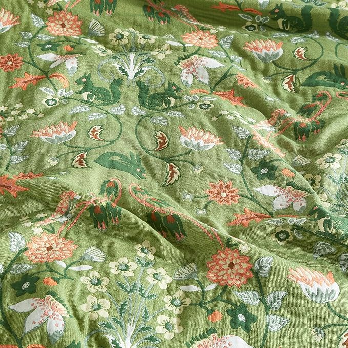 Boho Throw Blanket for Bed 60”x80”, 100% Cotton Woven Blanket for Couch Sofa, Ultra Soft 4-Layer Muslin Quilt with Floral Printed, Farmhouse Bed Blanket/Cover for Living Room Decor