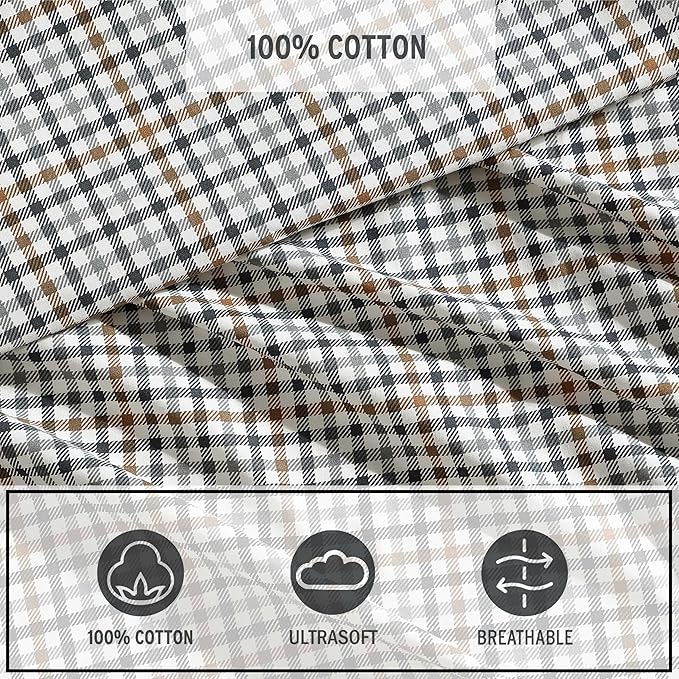 Eddie Bauer - Queen Sheet Set, Crisp & Cooling Sheets w/a Naturally Smooth Cotton Percale Lightweight Feel - Matching Pillowcases & Deep Pocket Fitted Sheet (Griffin Plaid Beige)