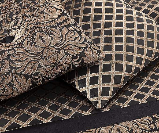 Chezmoi Collection 7-Piece Black/Gold Diamond Floral Medallion Jacquard Woven Comforter Set, California King