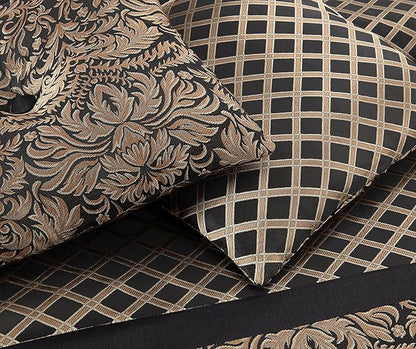 Chezmoi Collection 7-Piece Black/Gold Diamond Floral Medallion Jacquard Woven Comforter Set, Queen