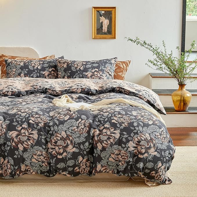 BISELINA 100% Cotton Muslin Duvet Cover Set Queen, 3 Pcs Yarn-Dyed Jacquard Textured Garden Flower, Soft and Breathable Bedding Set with Zipper Closure, Dark Blue Khaki