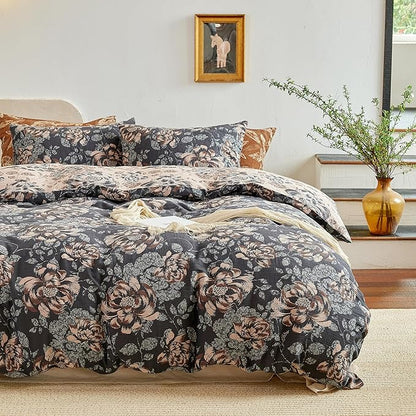 BISELINA 100% Cotton Muslin Duvet Cover Set Queen, 3 Pcs Yarn-Dyed Jacquard Textured Garden Flower, Soft and Breathable Bedding Set with Zipper Closure, Dark Blue Khaki