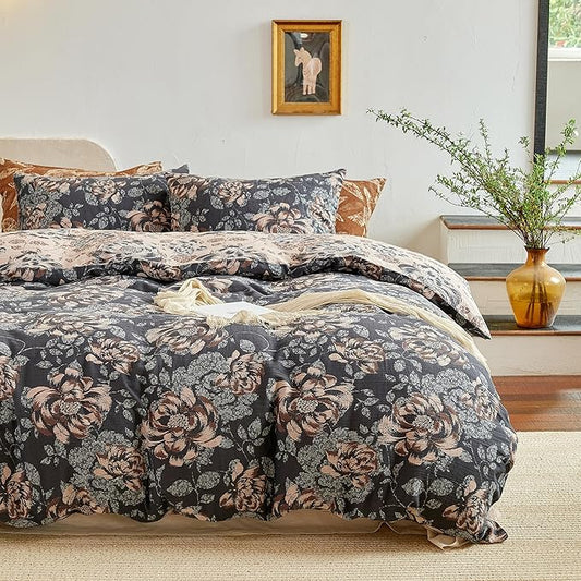 BISELINA 100% Cotton Muslin Duvet Cover Set Queen, 3 Pcs Yarn-Dyed Jacquard Textured Garden Flower, Soft and Breathable Bedding Set with Zipper Closure, Dark Blue Khaki