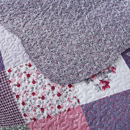 HoneiLife Queen Quilt Bedding Set - 3 Pieces Microfiber Quilt Sets Lightweight Bedspreads Reversible Coverlets Retro Bed Cover Floral Bedding Set All Season Quilts-Purple