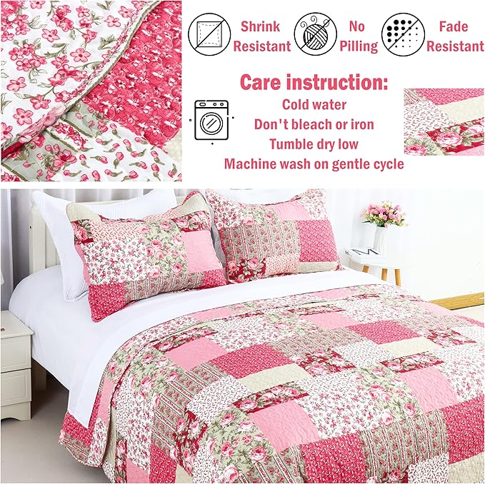 Cmfshape Summer Floral Queen Quilted Bedspread,Romantic Pink Quilt Set Full,Reversible Stitched Bedding Set All Season,Soft Lightweight Coverlet with Pillow Cases (Hot Pink&Rose, Queen90 x90)
