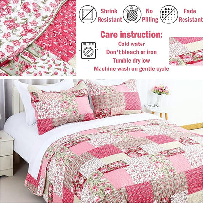 Cmfshape Summer Floral Queen Quilted Bedspread,Romantic Pink Quilt Set Full,Reversible Stitched Bedding Set All Season,Soft Lightweight Coverlet with Pillow Cases (Hot Pink&Rose, Queen90 x90)