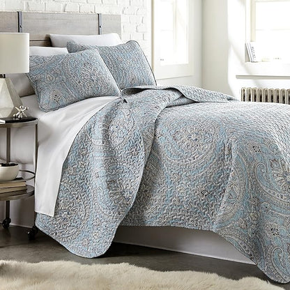 Southshore Fine Living, Inc. Oversized Quilt King Size Bedding Set, Lightweight Comforter, Cal King Quilt Coverlet & 2 Matching Quilted Pillow Shams, Blue Paisley Comforter Set, Pure Melody Aqua