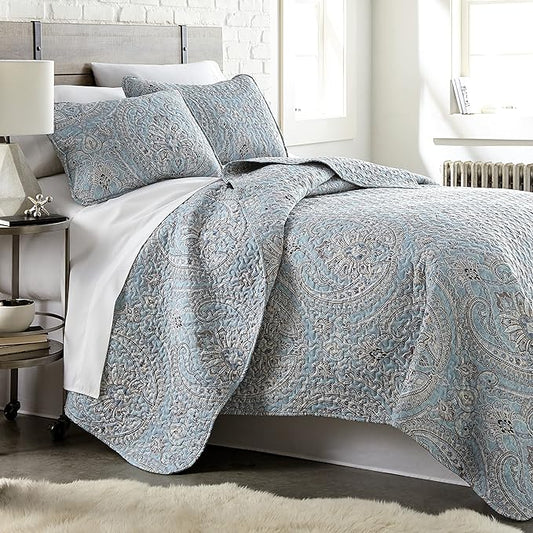 Southshore Fine Living, Inc. Full/Queen Quilt Bedding Set, Paisley Full Size Summer Bedspread, Boho Bedding Set for Full Size Mattress, Queen Size Quilt Coverlet & Matching Shams, Pure Melody Aqua